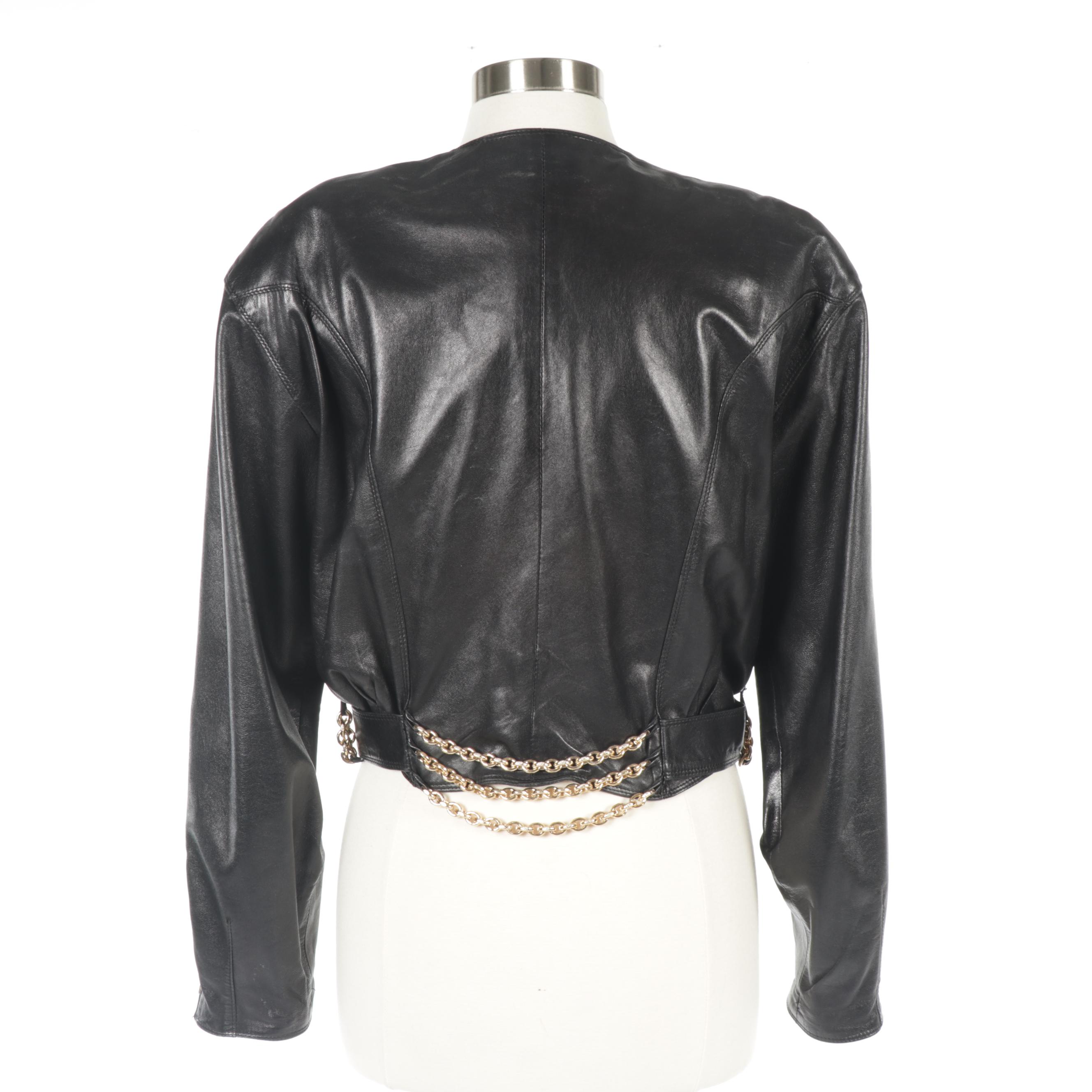 Women's Begedor Italia Black Leather Jacket with Chain Link Accents
