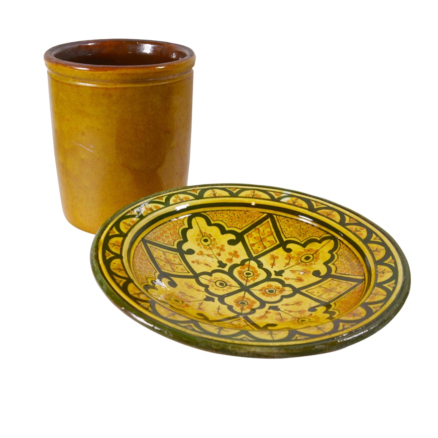 Moroccan Hand-Painted Terracotta Bowl and Stoneware Jar