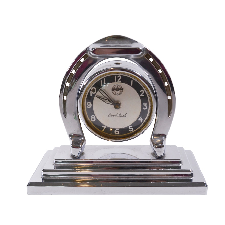 Lux "Good Luck" Horse Shoe Silver Tone Mantel Clock