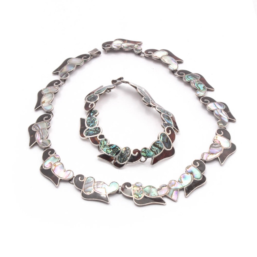 Taxco Sterling Silver Inlaid Shell Necklace and Bracelet