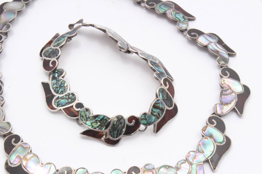 Taxco Sterling Silver Inlaid Shell Necklace and Bracelet