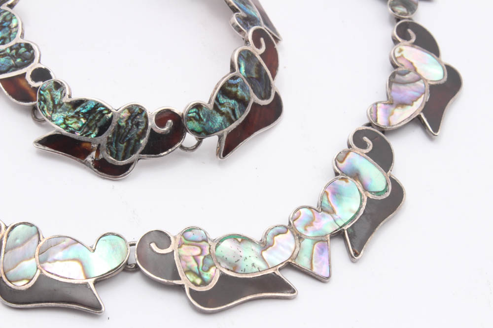 Taxco Sterling Silver Inlaid Shell Necklace and Bracelet