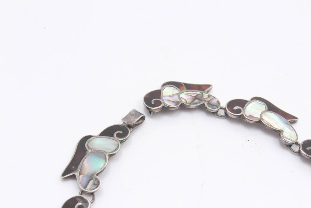 Taxco Sterling Silver Inlaid Shell Necklace and Bracelet