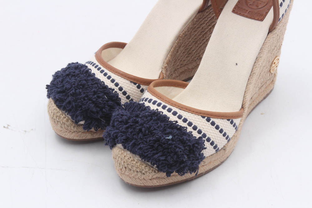 Tory Burch Shaw Striped Espadrille Wedges with Ankle-Straps