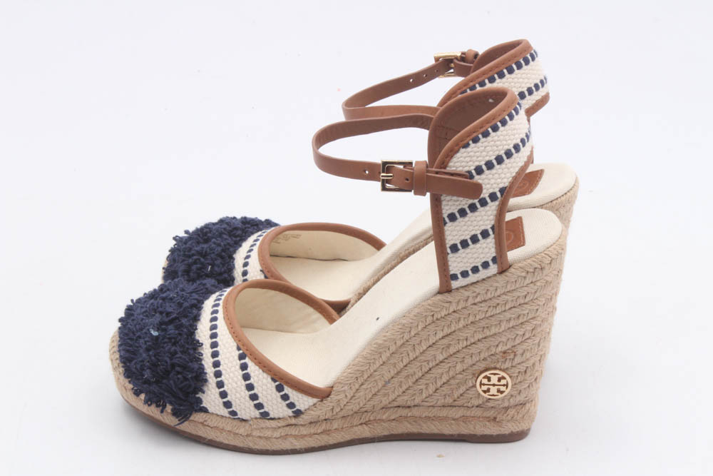Tory Burch Shaw Striped Espadrille Wedges with Ankle-Straps
