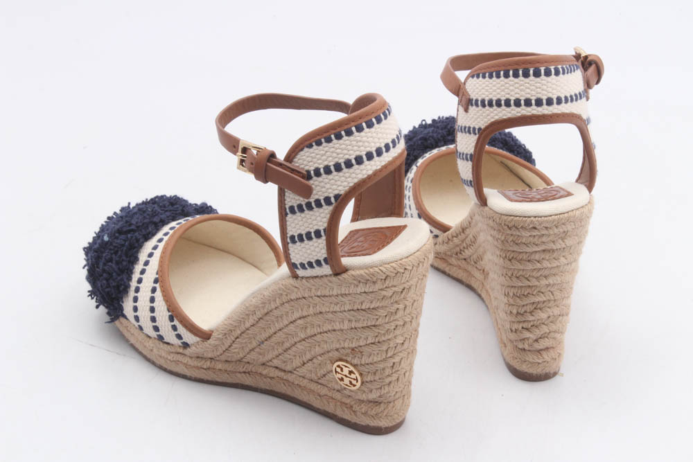 Tory Burch Shaw Striped Espadrille Wedges with Ankle-Straps