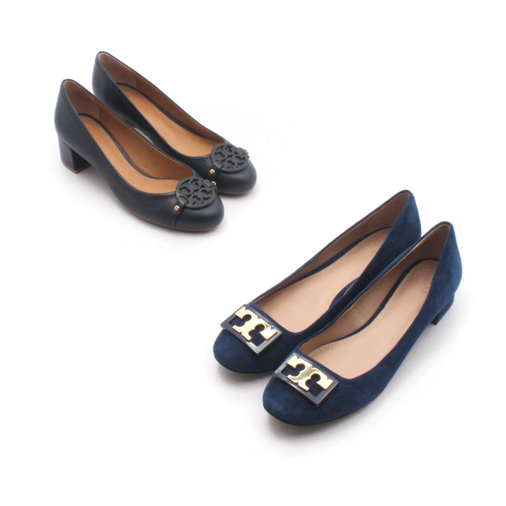 Tory Burch Navy Leather and Blue Suede Logo Low-Heeled Pumps