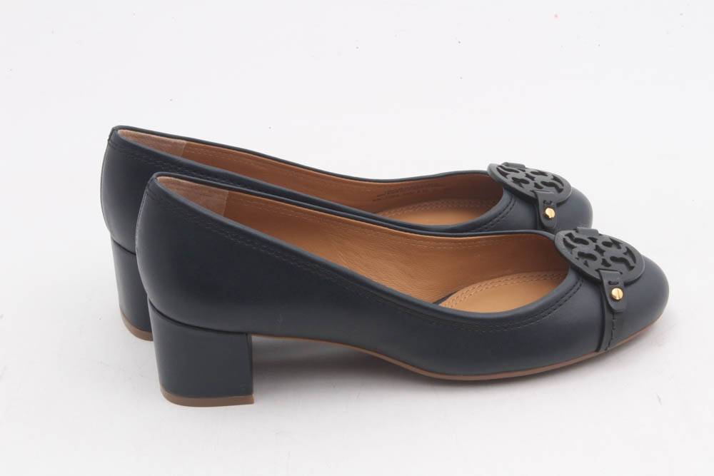 Tory Burch Navy Leather and Blue Suede Logo Low-Heeled Pumps