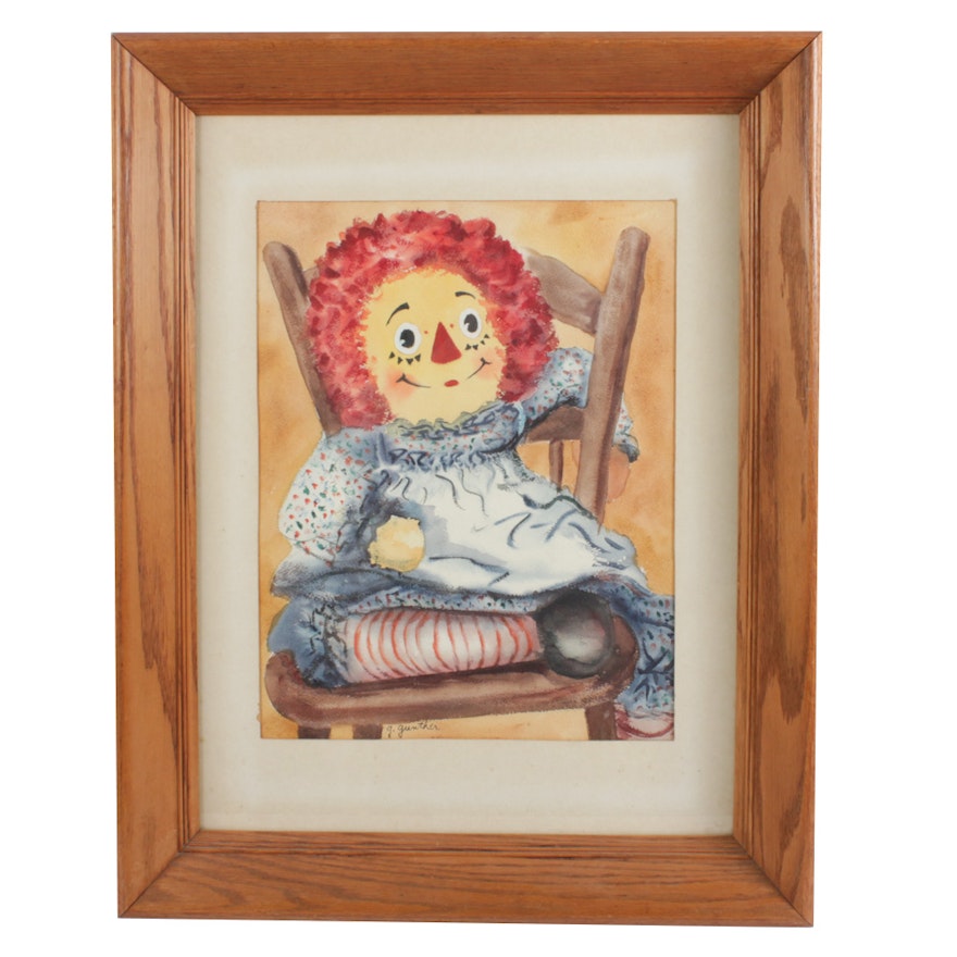 G. Gunther Watercolor Painting of Raggedy Ann Doll