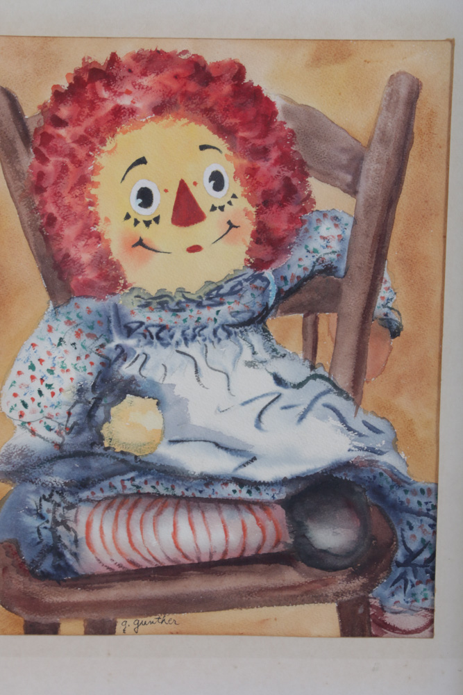 G. Gunther Watercolor Painting of Raggedy Ann Doll