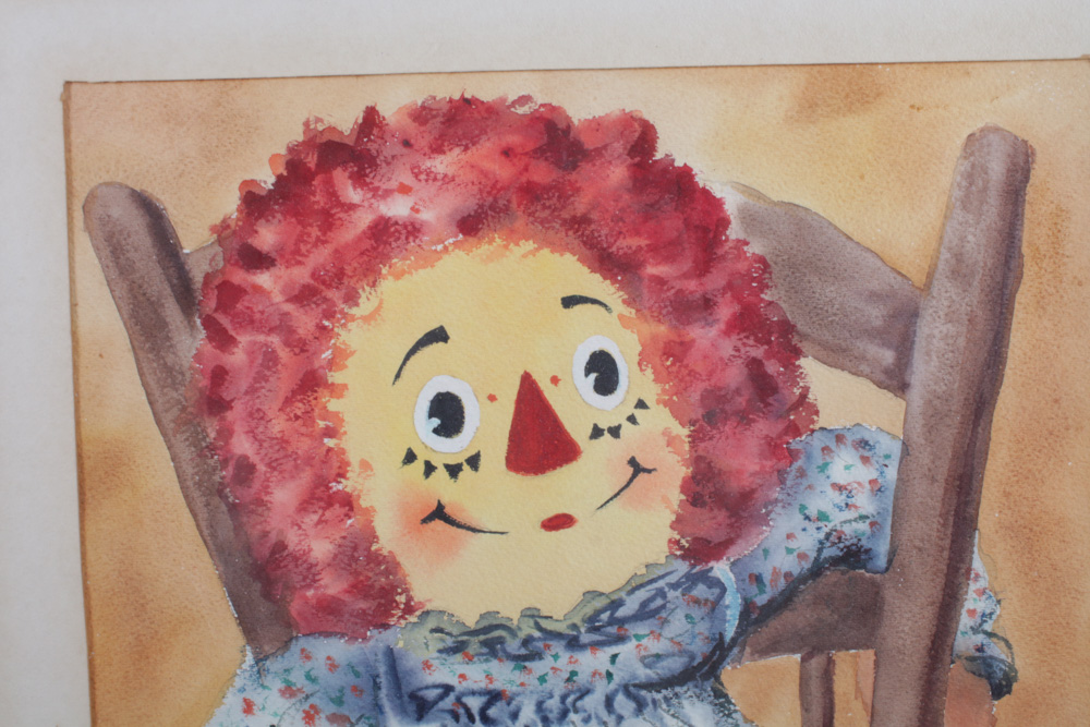 G. Gunther Watercolor Painting of Raggedy Ann Doll