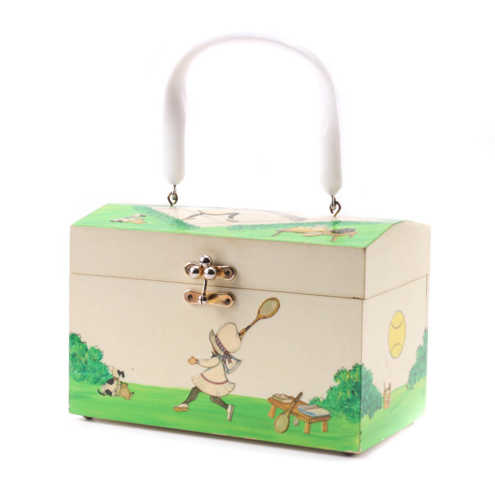 "Billie" Ross of the Palm Beaches Decoupage Tennis Wood Box Purse, Vintage