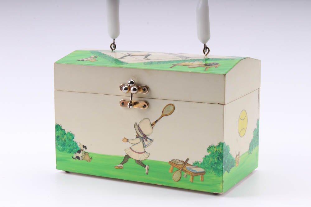 "Billie" Ross of the Palm Beaches Decoupage Tennis Wood Box Purse, Vintage