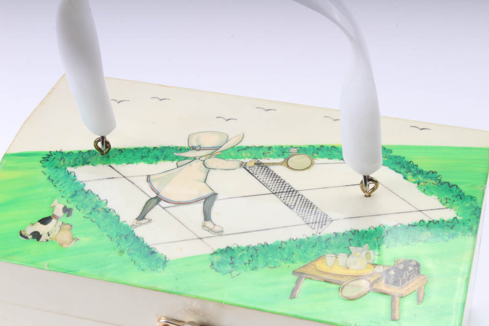 "Billie" Ross of the Palm Beaches Decoupage Tennis Wood Box Purse, Vintage