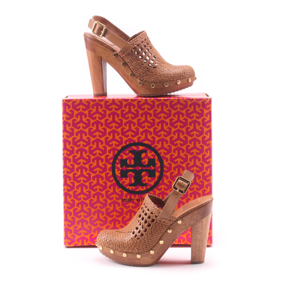Tory Burch Tan Vegan Leather Platform Wooden Widdianne Heeled Clogs