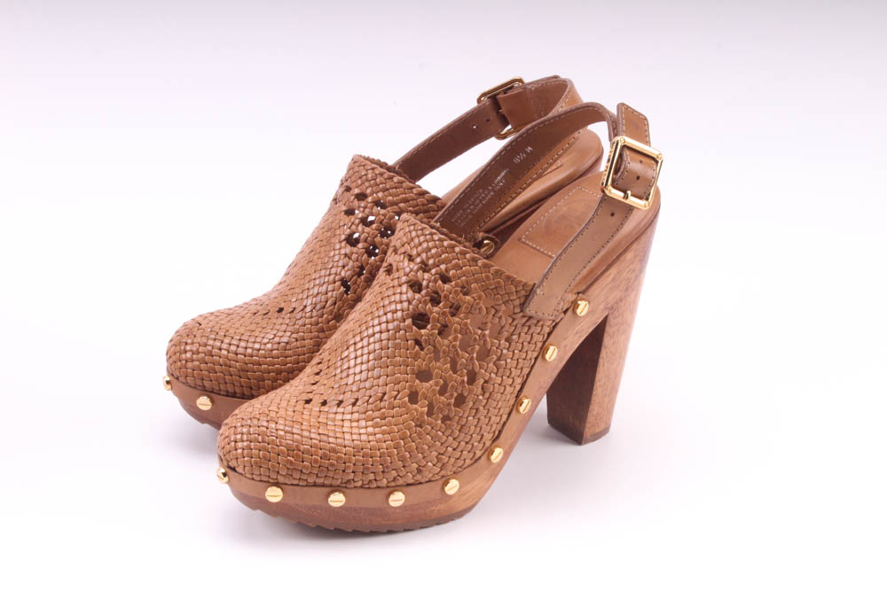 Tory Burch Tan Vegan Leather Platform Wooden Widdianne Heeled Clogs