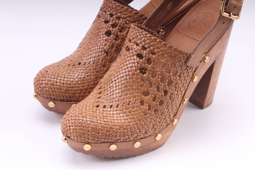 Tory Burch Tan Vegan Leather Platform Wooden Widdianne Heeled Clogs