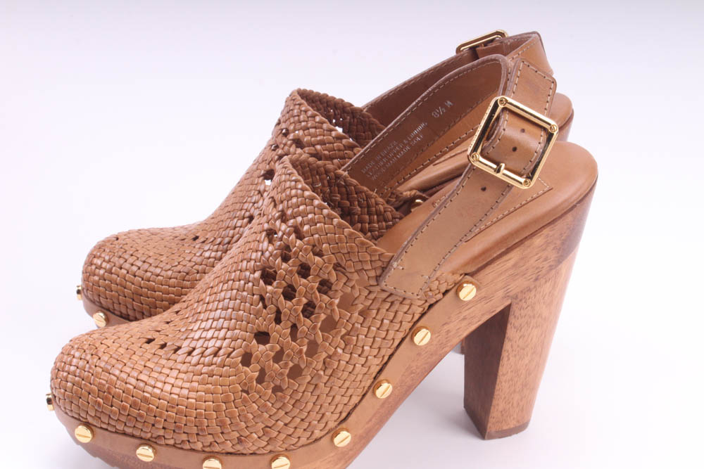 Tory Burch Tan Vegan Leather Platform Wooden Widdianne Heeled Clogs