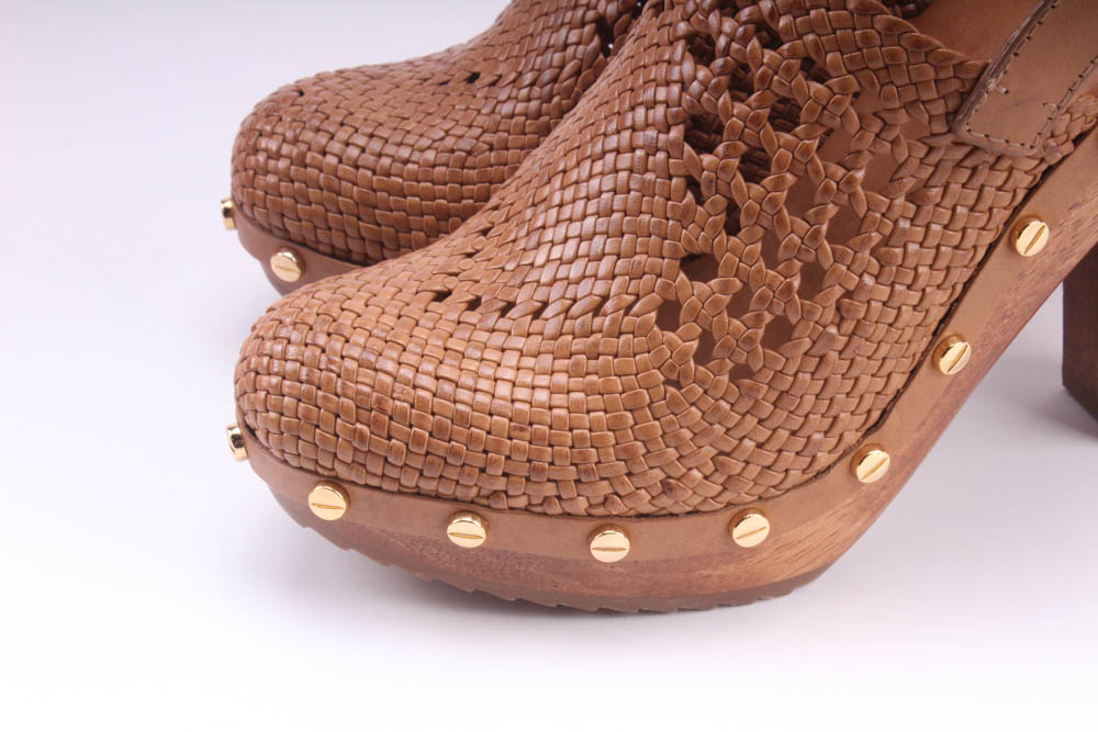 Tory Burch Tan Vegan Leather Platform Wooden Widdianne Heeled Clogs