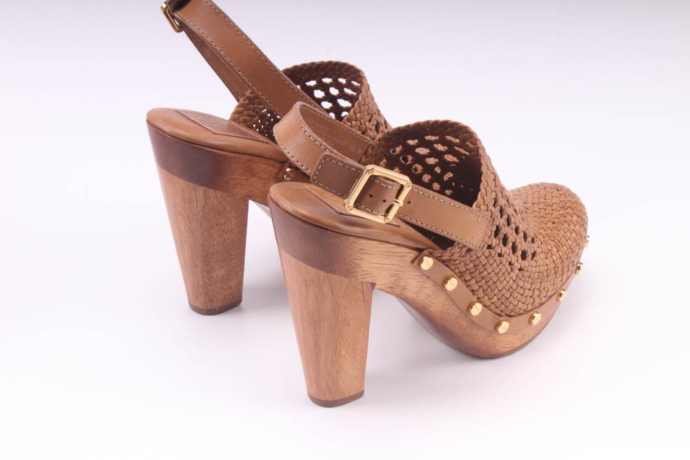 Tory Burch Tan Vegan Leather Platform Wooden Widdianne Heeled Clogs