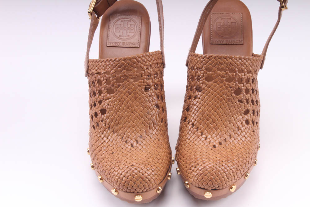 Tory Burch Tan Vegan Leather Platform Wooden Widdianne Heeled Clogs