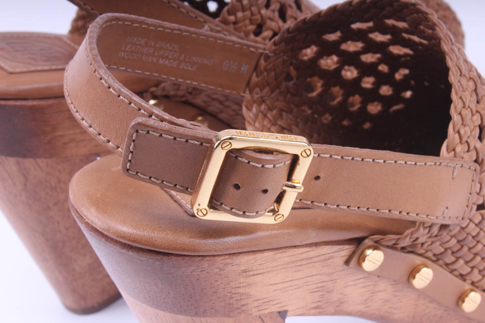 Tory Burch Tan Vegan Leather Platform Wooden Widdianne Heeled Clogs