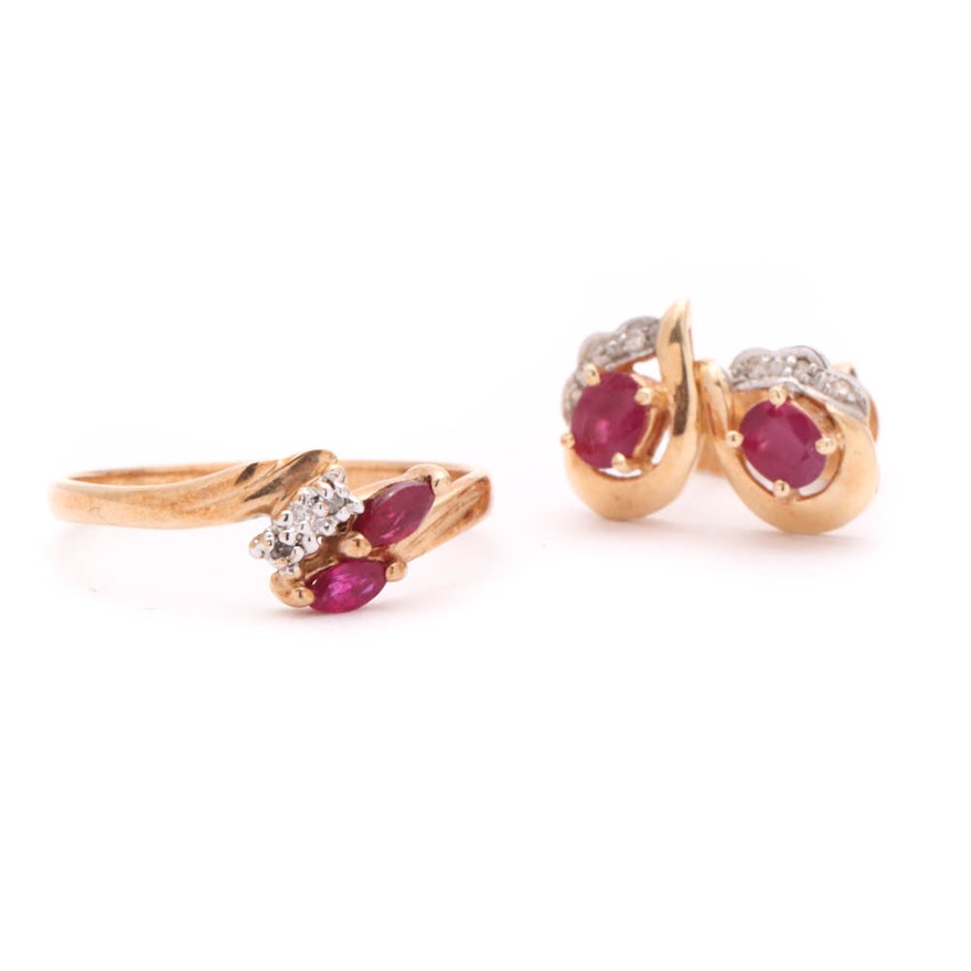 Yellow Gold Diamond Ruby Ring and Earrings