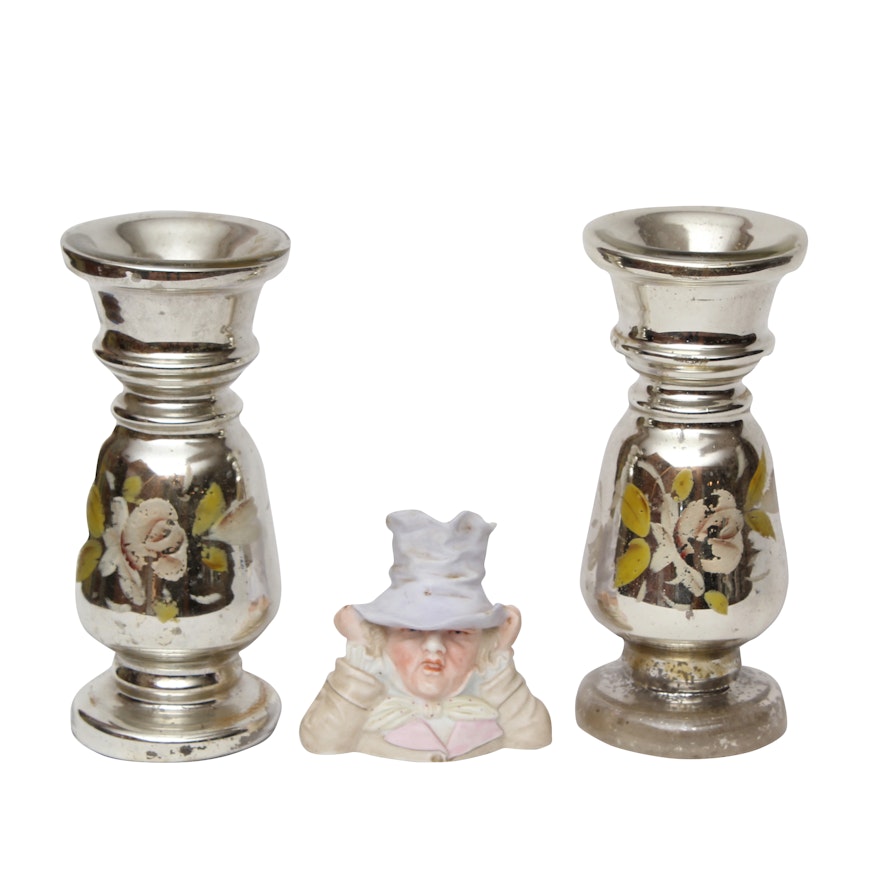 Antique German Bisque Figurine and Mercury Glass Candlesticks