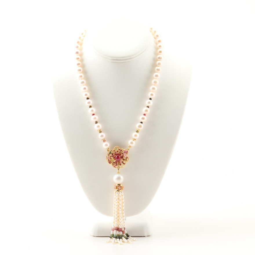 Sterling Silver Freshwater Pearl Strand with Ruby and Tourmaline