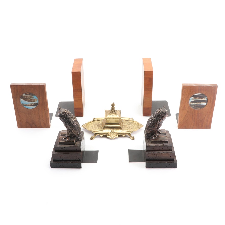 Wooden Bookends and Brass Inkstand