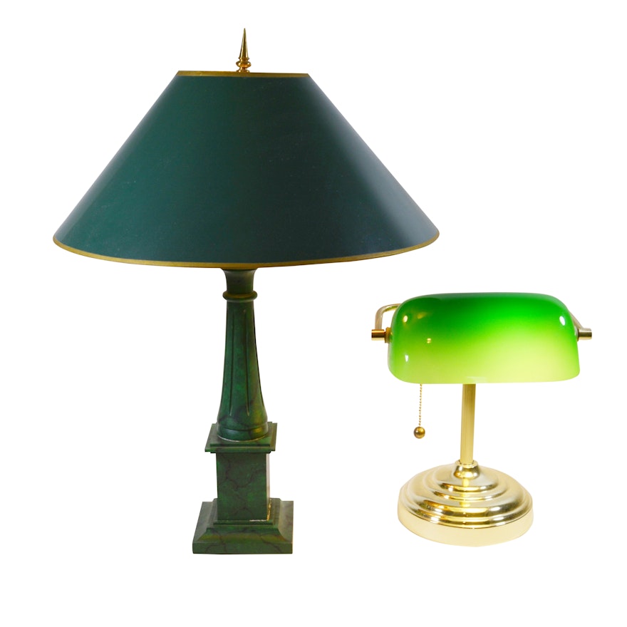 Green Fluted Columnar Table Lamp and Banker's Desk Lamp