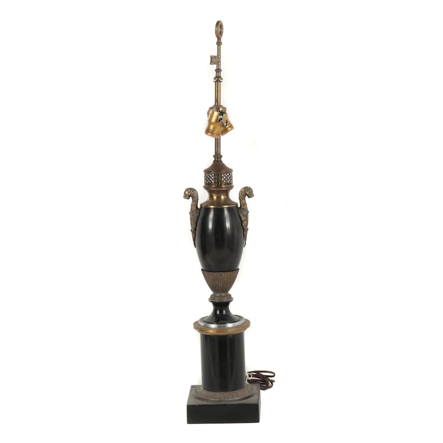 Neoclassical Style Black Metal and Brass Table Lamp, Vintage