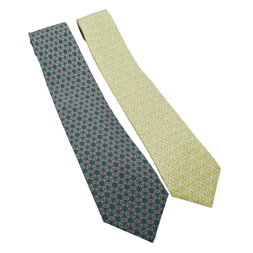 Hermès Paris Patterned Silk Neckties in Shades of Green