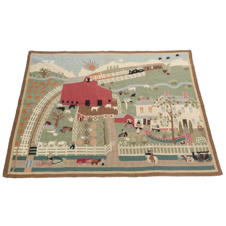 Hand-Hooked Americana Style Indian Wool Pictorial Rug