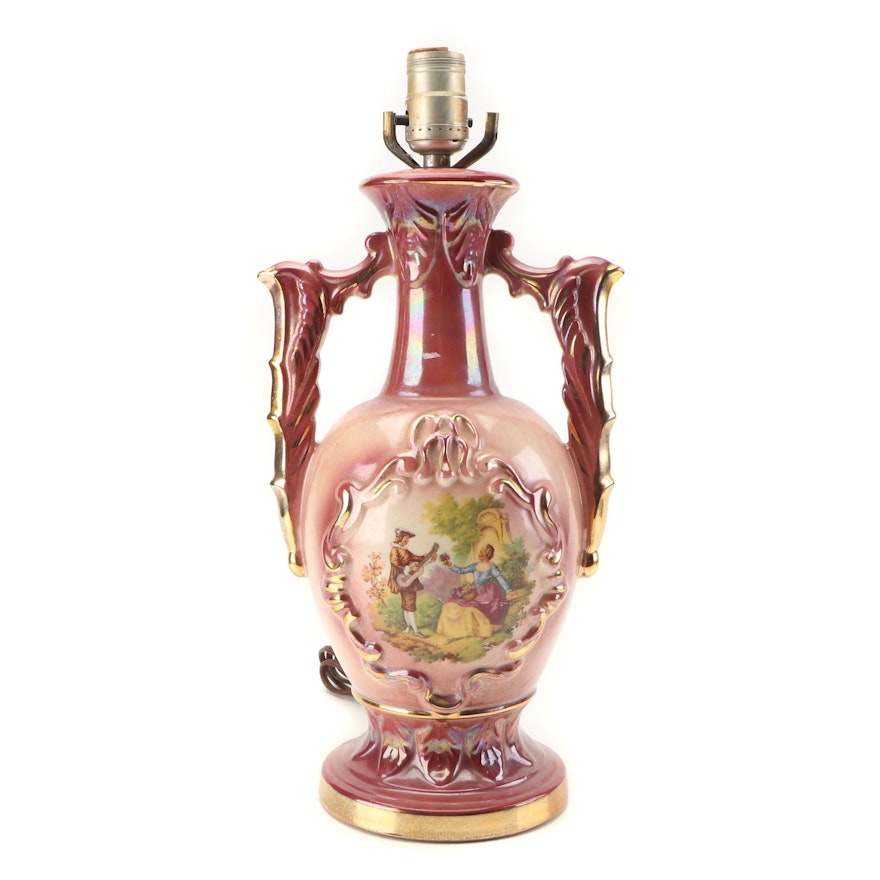 Rococo Style Porcelain Table Lamp with Transfer Print After Fragonard