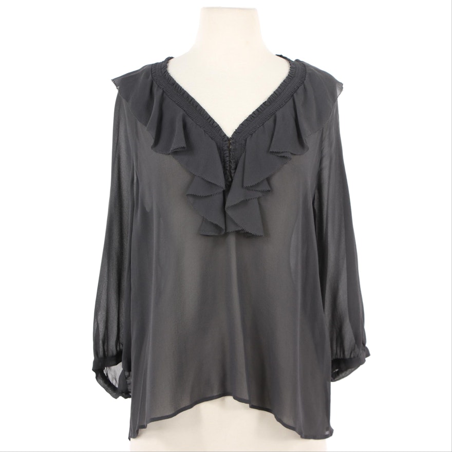 Joie Grey Silk Ruffled V-Neck Blouse