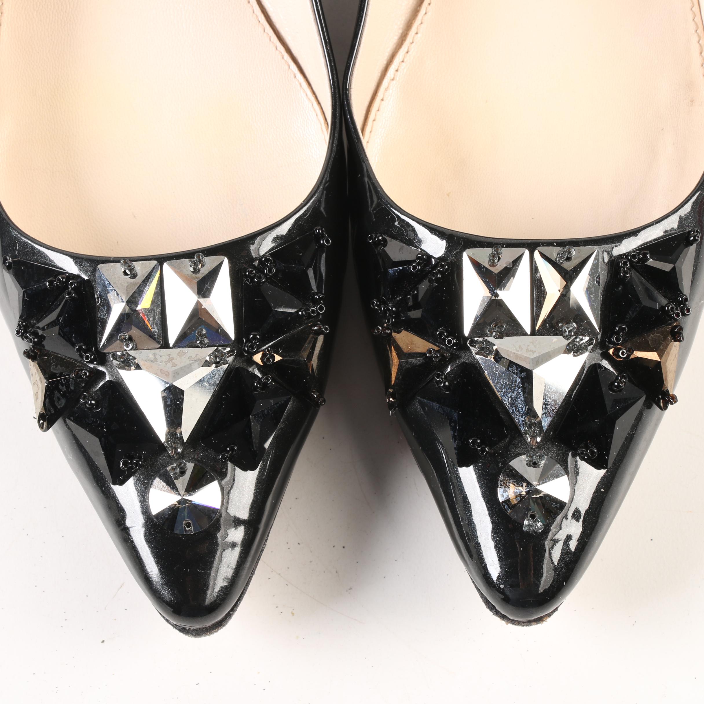 Prada Taffetas Vogue Embellished Pointy Toe Flats in Black Patent Leather