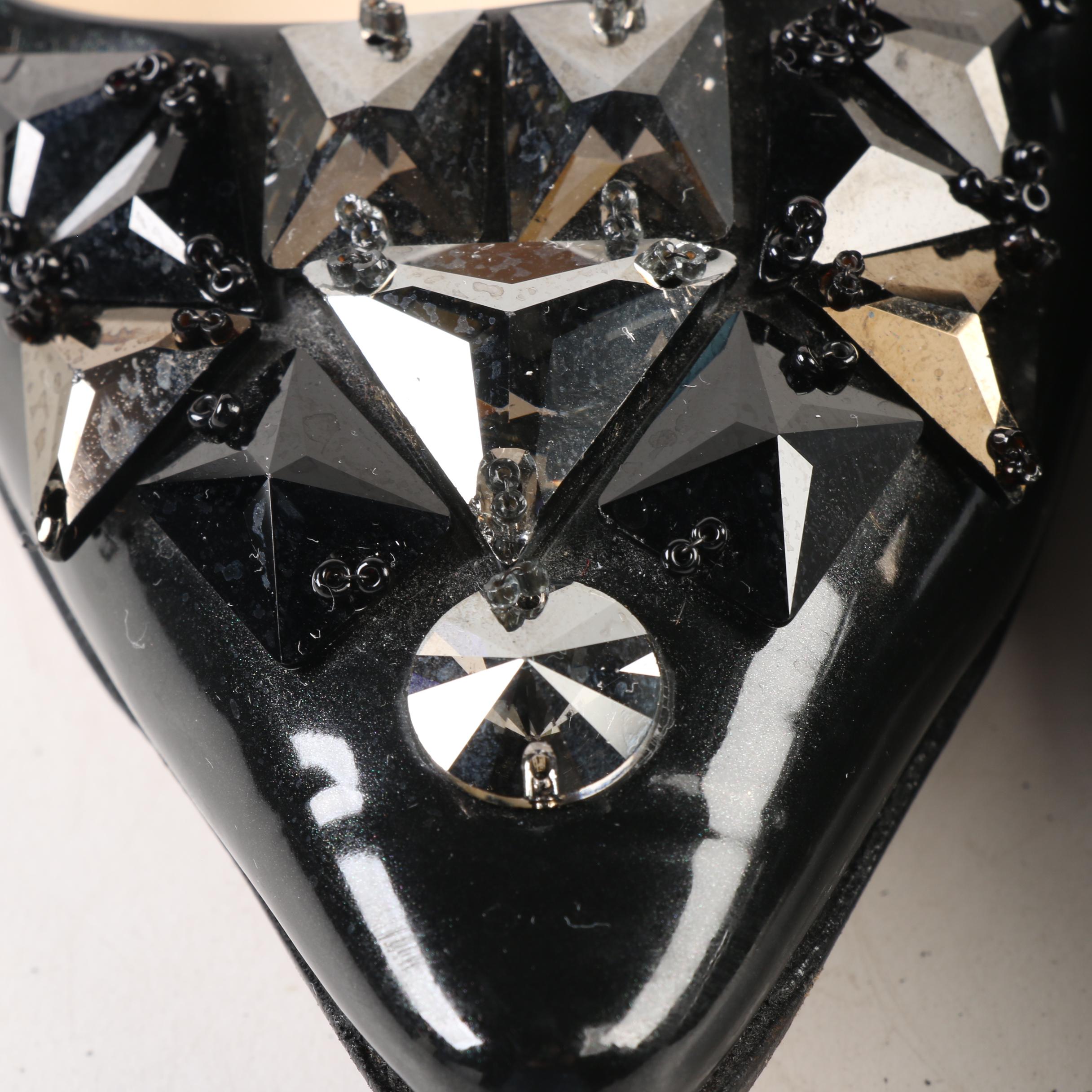 Prada Taffetas Vogue Embellished Pointy Toe Flats in Black Patent Leather