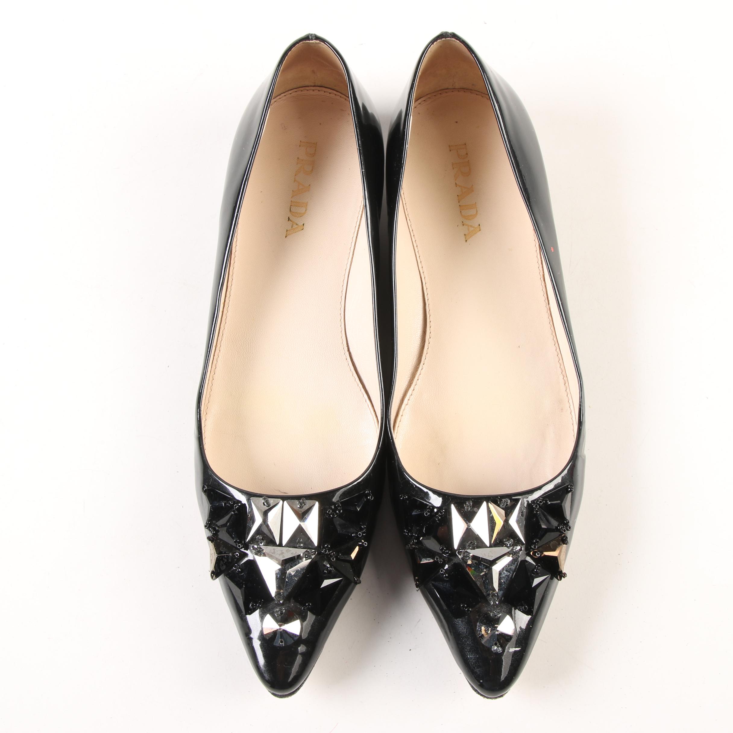 Prada Taffetas Vogue Embellished Pointy Toe Flats in Black Patent Leather
