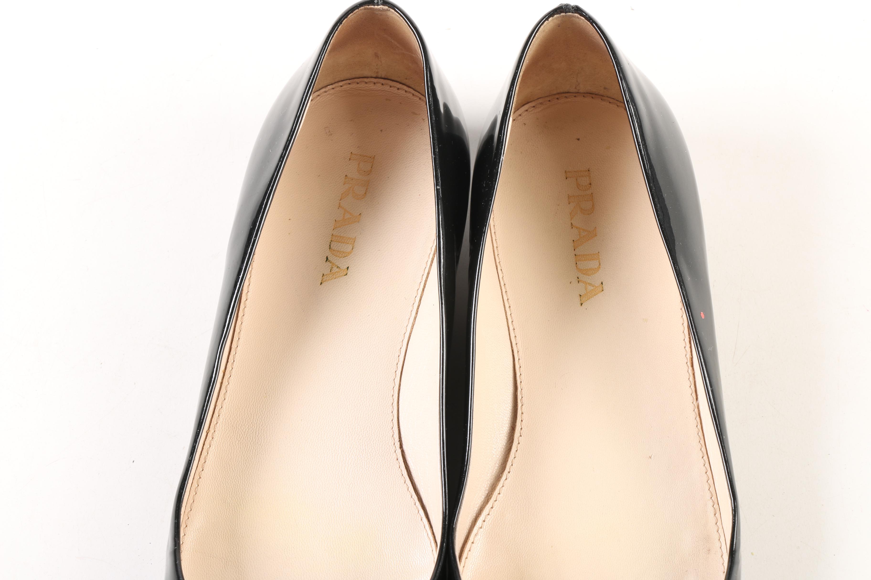 Prada Taffetas Vogue Embellished Pointy Toe Flats in Black Patent Leather