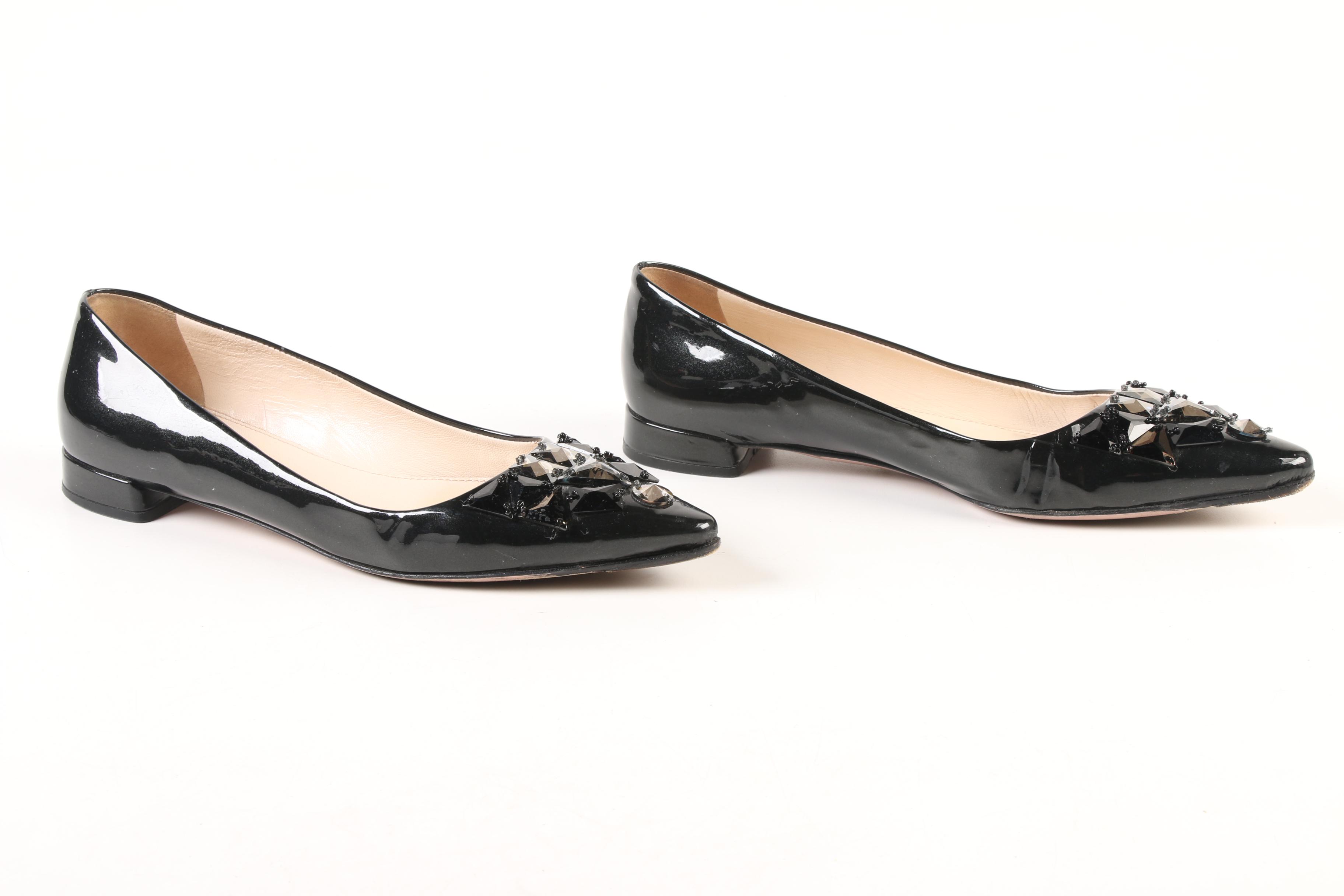 Prada Taffetas Vogue Embellished Pointy Toe Flats in Black Patent Leather