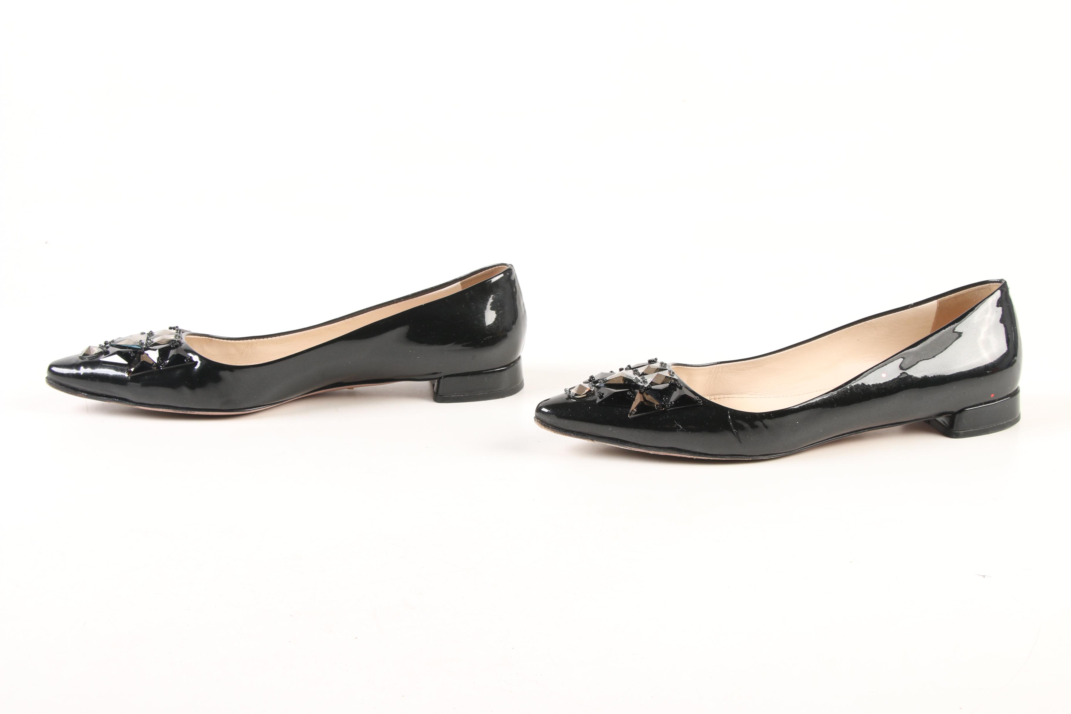 Prada Taffetas Vogue Embellished Pointy Toe Flats in Black Patent Leather
