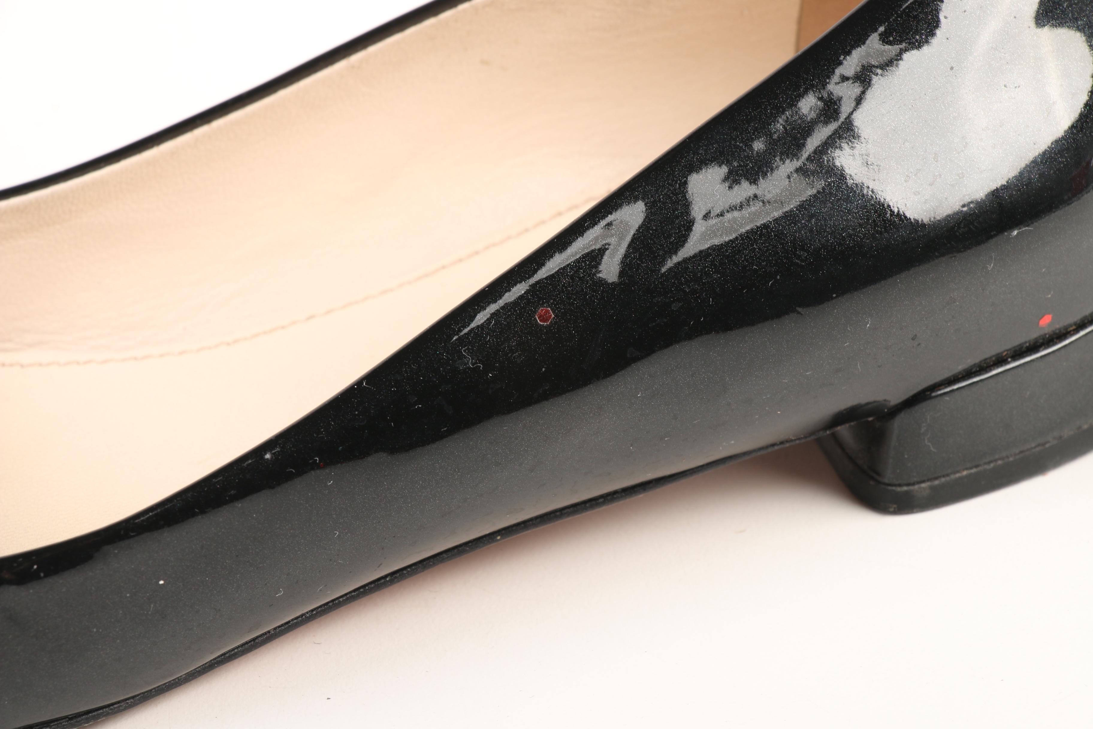 Prada Taffetas Vogue Embellished Pointy Toe Flats in Black Patent Leather