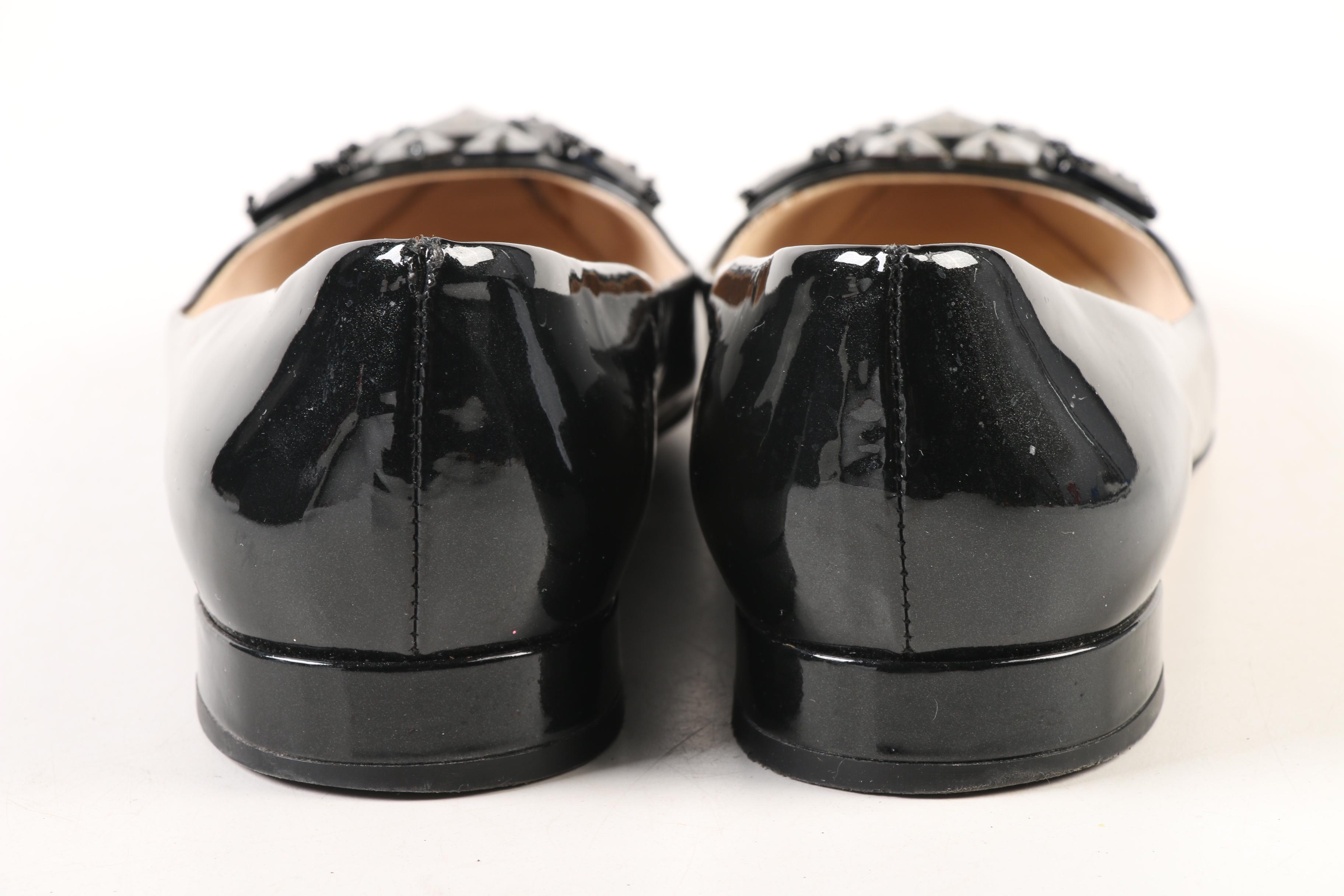 Prada Taffetas Vogue Embellished Pointy Toe Flats in Black Patent Leather