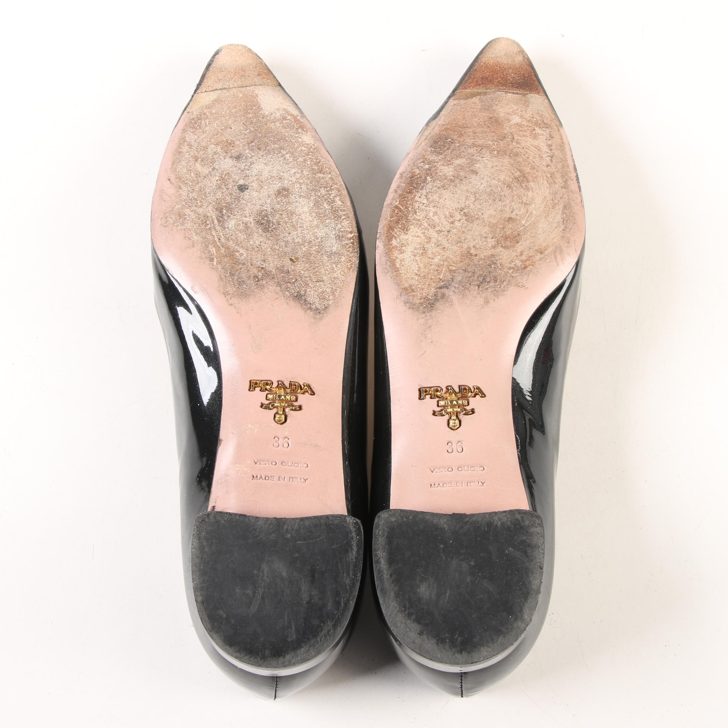 Prada Taffetas Vogue Embellished Pointy Toe Flats in Black Patent Leather