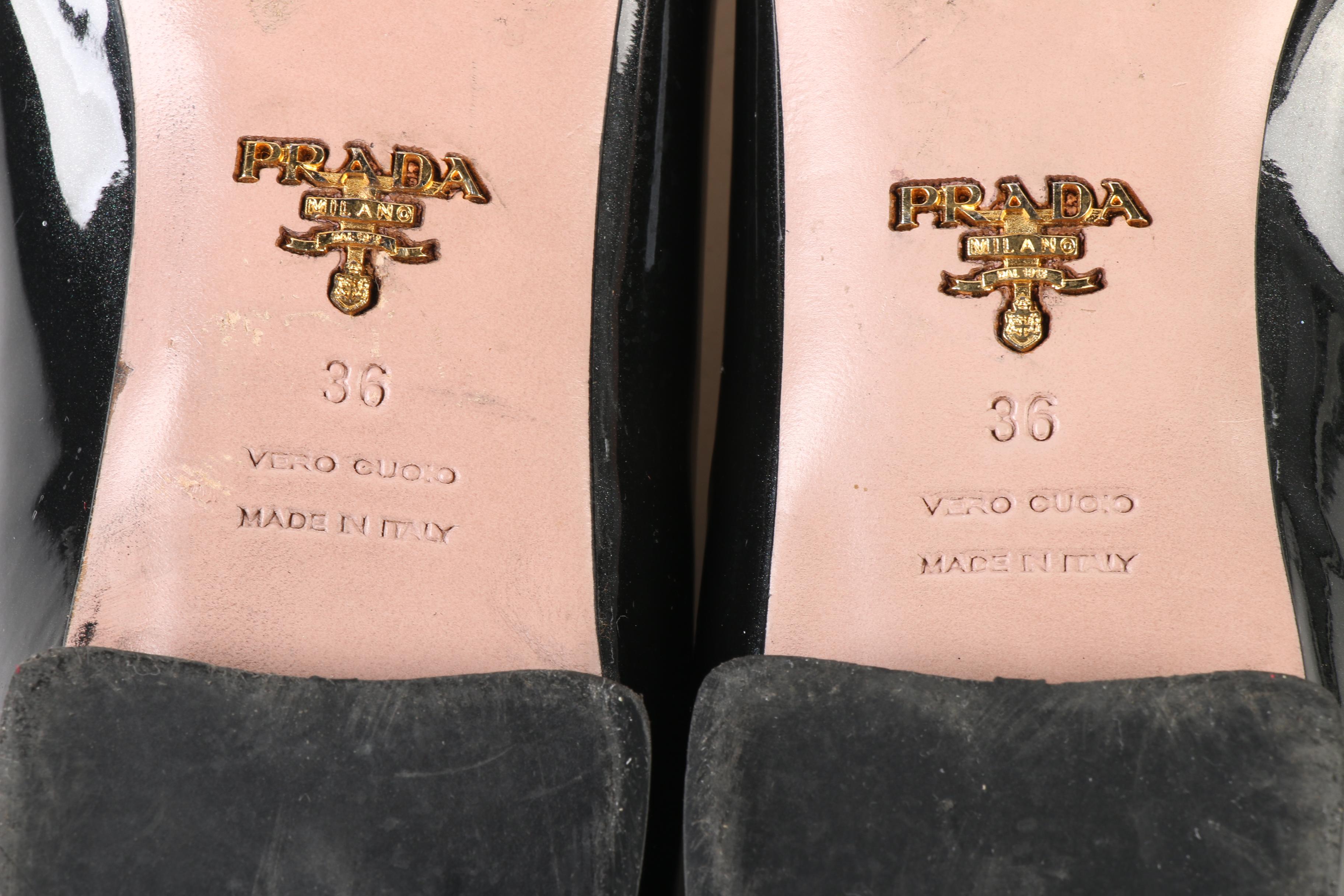 Prada Taffetas Vogue Embellished Pointy Toe Flats in Black Patent Leather