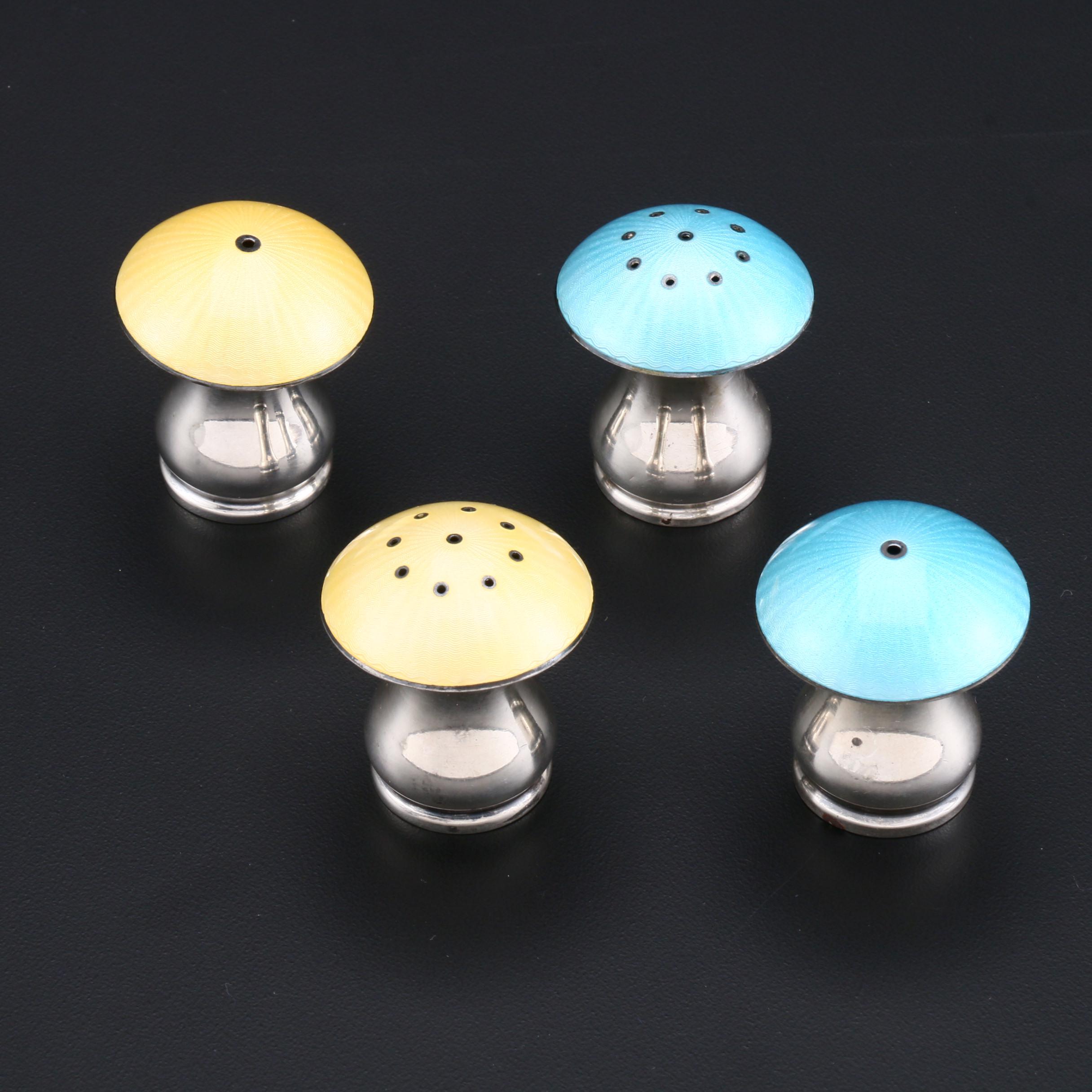 Ela Denmark Sterling Silver Enameled Mushroom Salt and Pepper Shakers