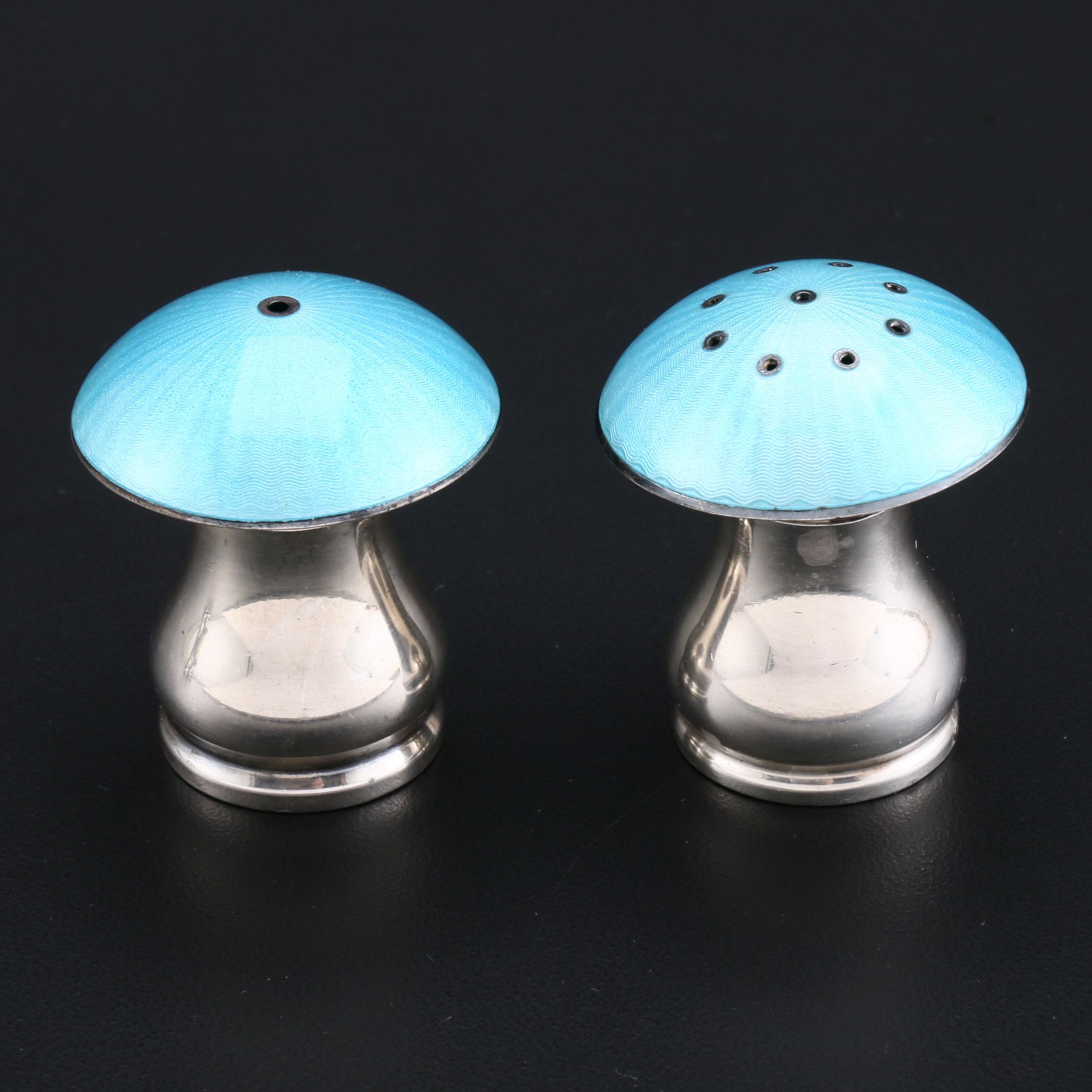 Ela Denmark Sterling Silver Enameled Mushroom Salt and Pepper Shakers
