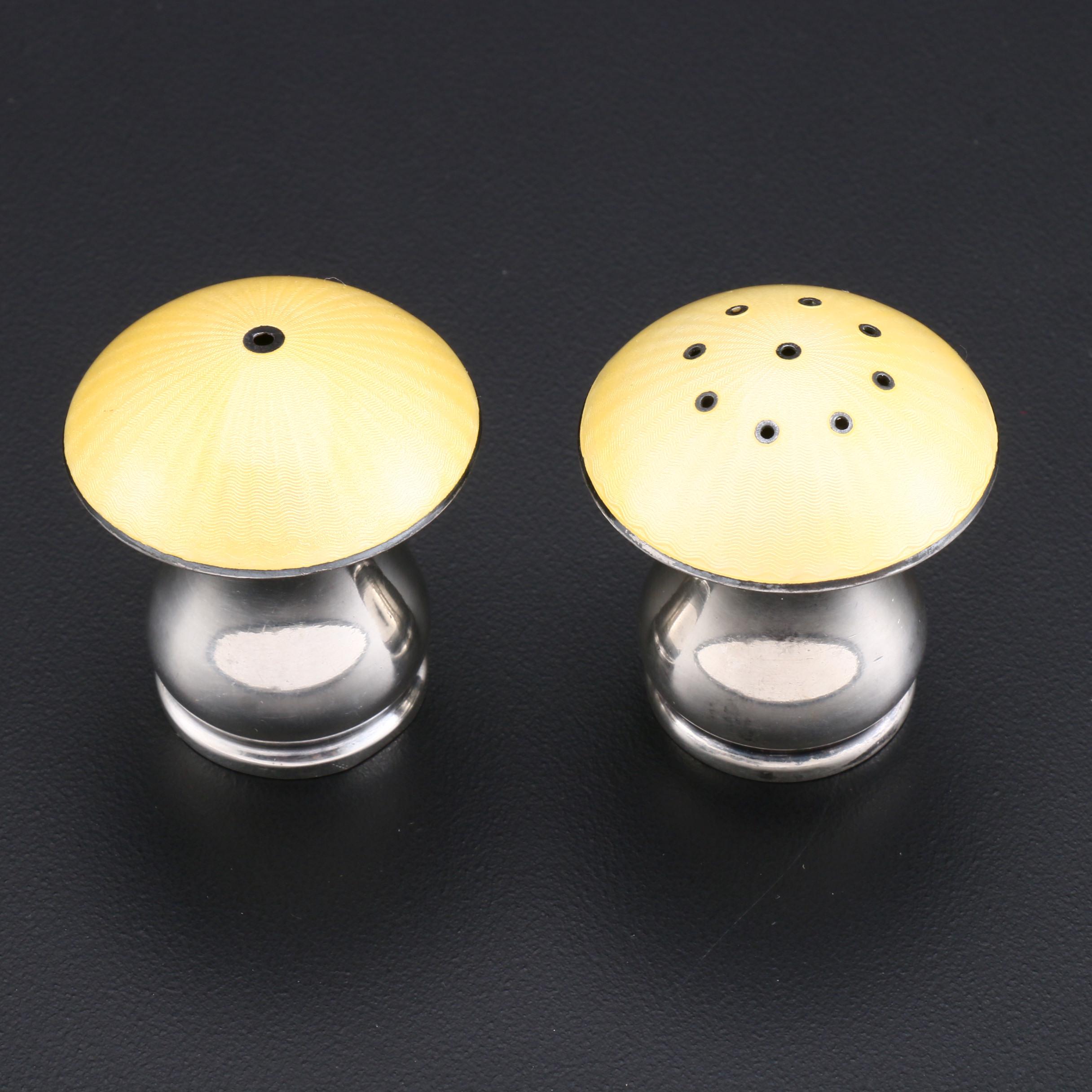 Ela Denmark Sterling Silver Enameled Mushroom Salt and Pepper Shakers