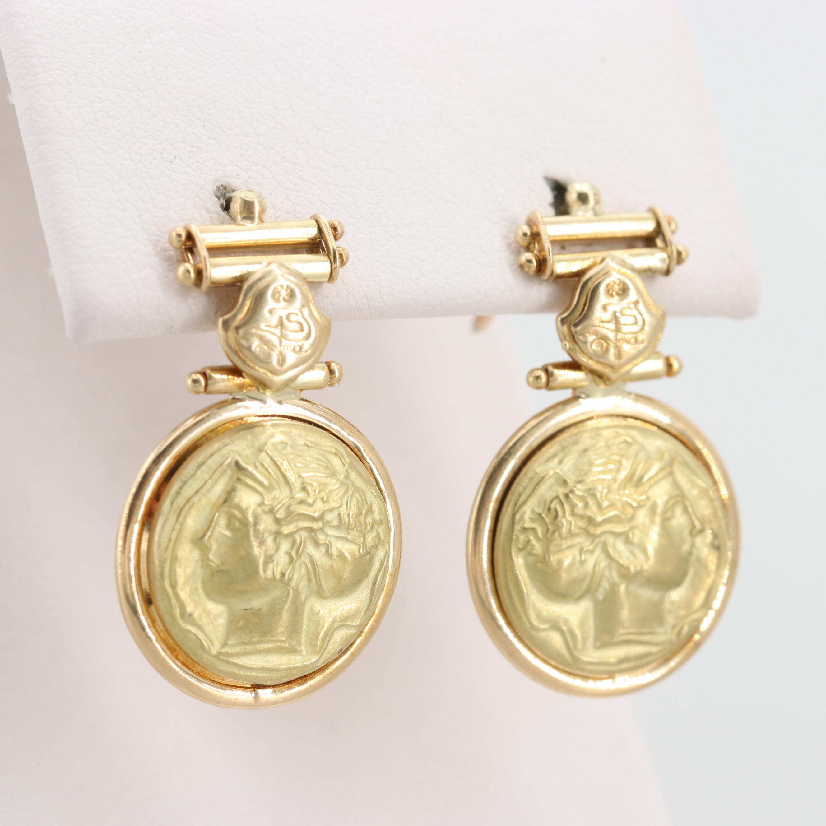 Italian 18K Yellow Gold Dangle Cameo Earrings